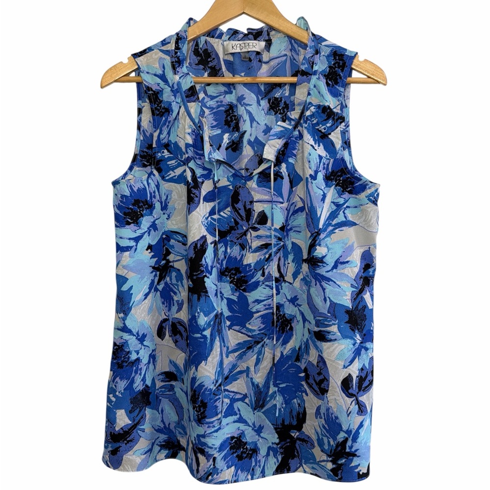Kasper Blue Floral Sleeveless Blouse Lightweight Career Top L